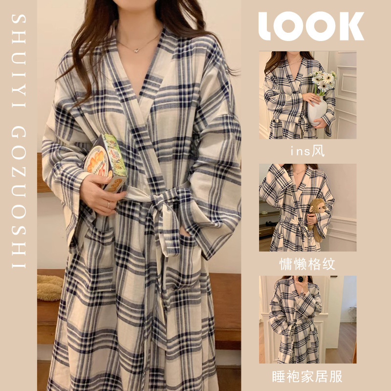 Spring and Autumn New Nightgown Long Kimono Bathrobe Women's Ins Niche Morning Gown Simple Casual Lazy Plaid Home Clothes
