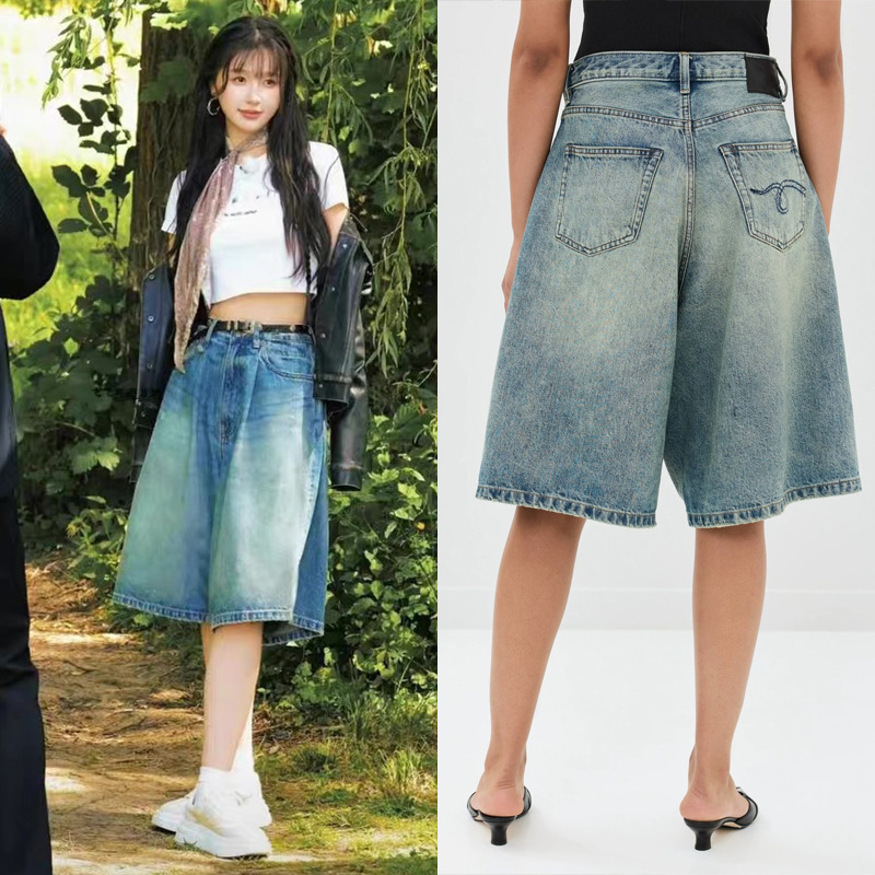 2025 Spring/Summer New European and American R.13 Yu Shuxin Style Denim Blue Retro Wide-Leg Mid-Length Jeans for Women 2025 Spring/Summer New European and American R.13 Yu Shuxin Style Denim Blue Retro Wide-Leg Mid-Length Jeans for Women