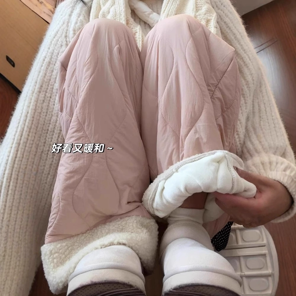 Розовые хлопковые брюки из флиса для женщин, осень и зима 2025, новые повседневные теплые брюки на флисовой подкладке, сращенные плюшевые широкие брюки