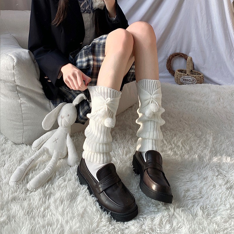 Cute Japanese demi-season knitted keep warm white gaiters with bow