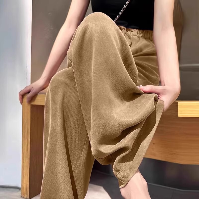 オレンジキュプラシルクワイドレッグパンツ女性のための 2025 夏の新しいファッション気質酢酸アイスシルクカジュアルパンツルーズで透明|undefined