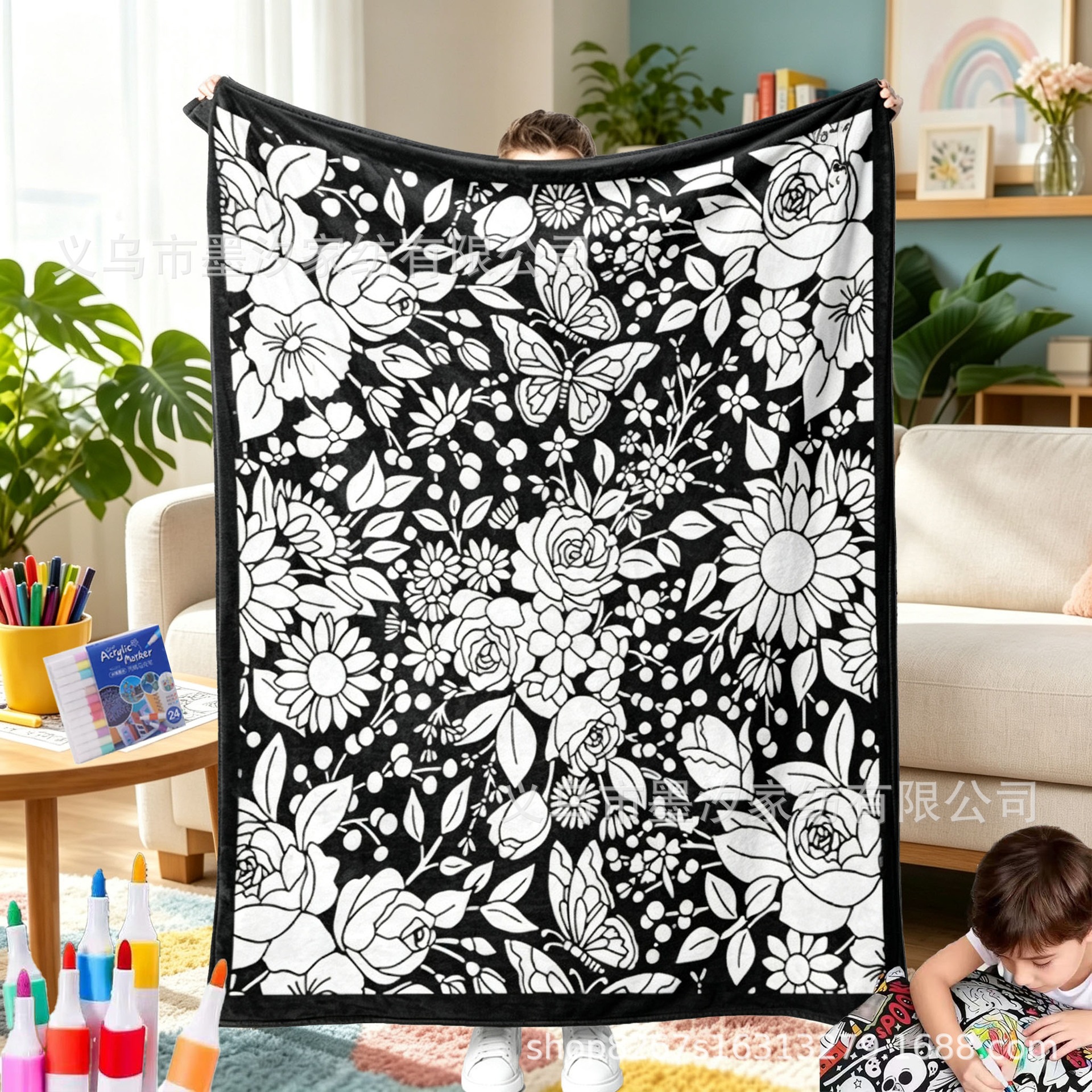 亚马逊爆款DIY Coloring Blanket 手工涂鸦着色毯子跨境