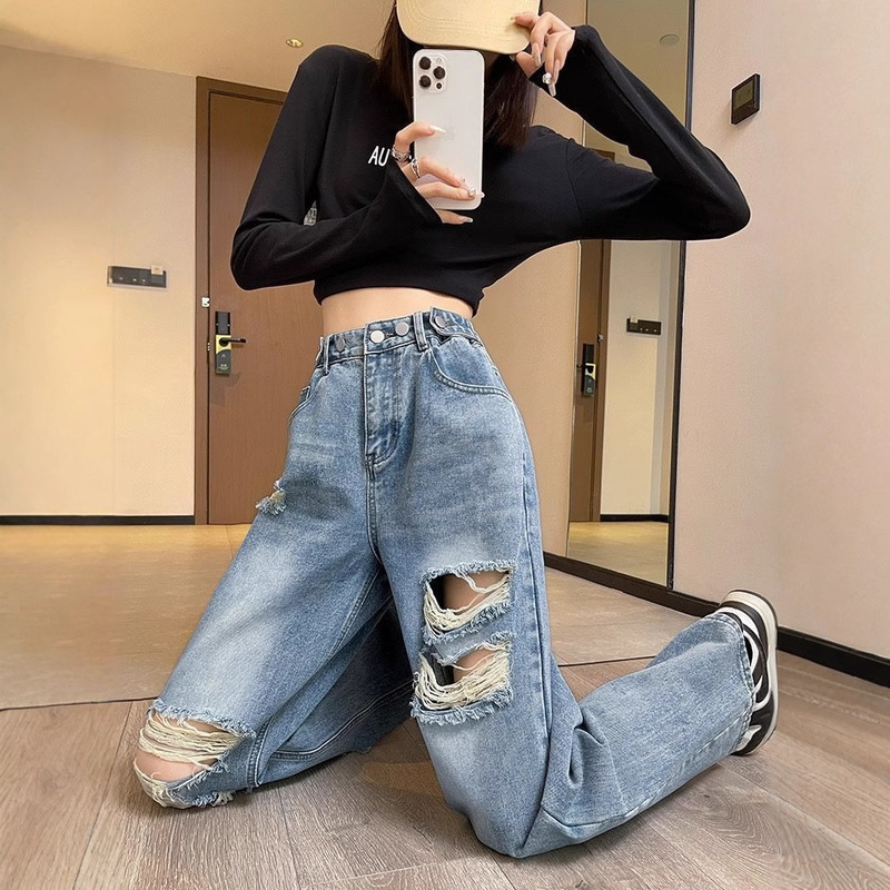 Ripped Jeans Women's Summer Thin 2025 New High-Waisted Loose Slim Casual Narrow Straight Wide-Leg Pants