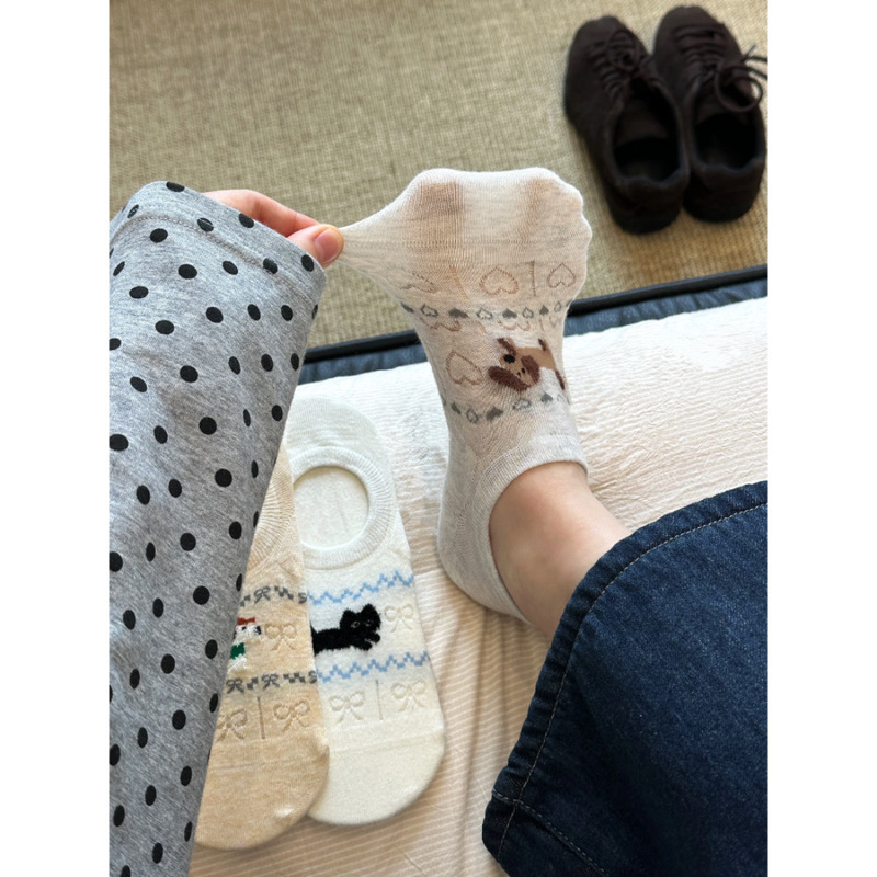 Cartoon Fair Isle Element Heart Bow Low-Cut Invisible Spring and Summer Cute Cat and Puppy Boneless Boat Socks for Women