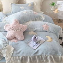 可爱贴布绣雪纺荷叶边皮草级獭兔毛B版高克重牛奶绒加厚三四件套