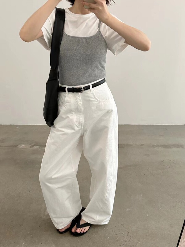 水洗棉纯白弯刀休闲裤女2025夏季新款高腰显瘦百搭宽松香蕉镰刀裤|undefined