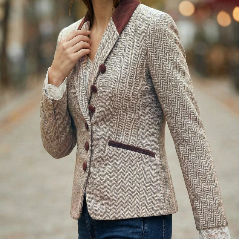 French-Style Retro Blazer for Women, Autumn and Winter Color-Blocking Slim-Fit Single-Breasted Commuter Jacket