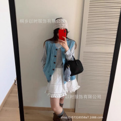以时 韩系秋装新品针织马甲女 圆领纯色镂空挑洞针织开衫叠穿马甲