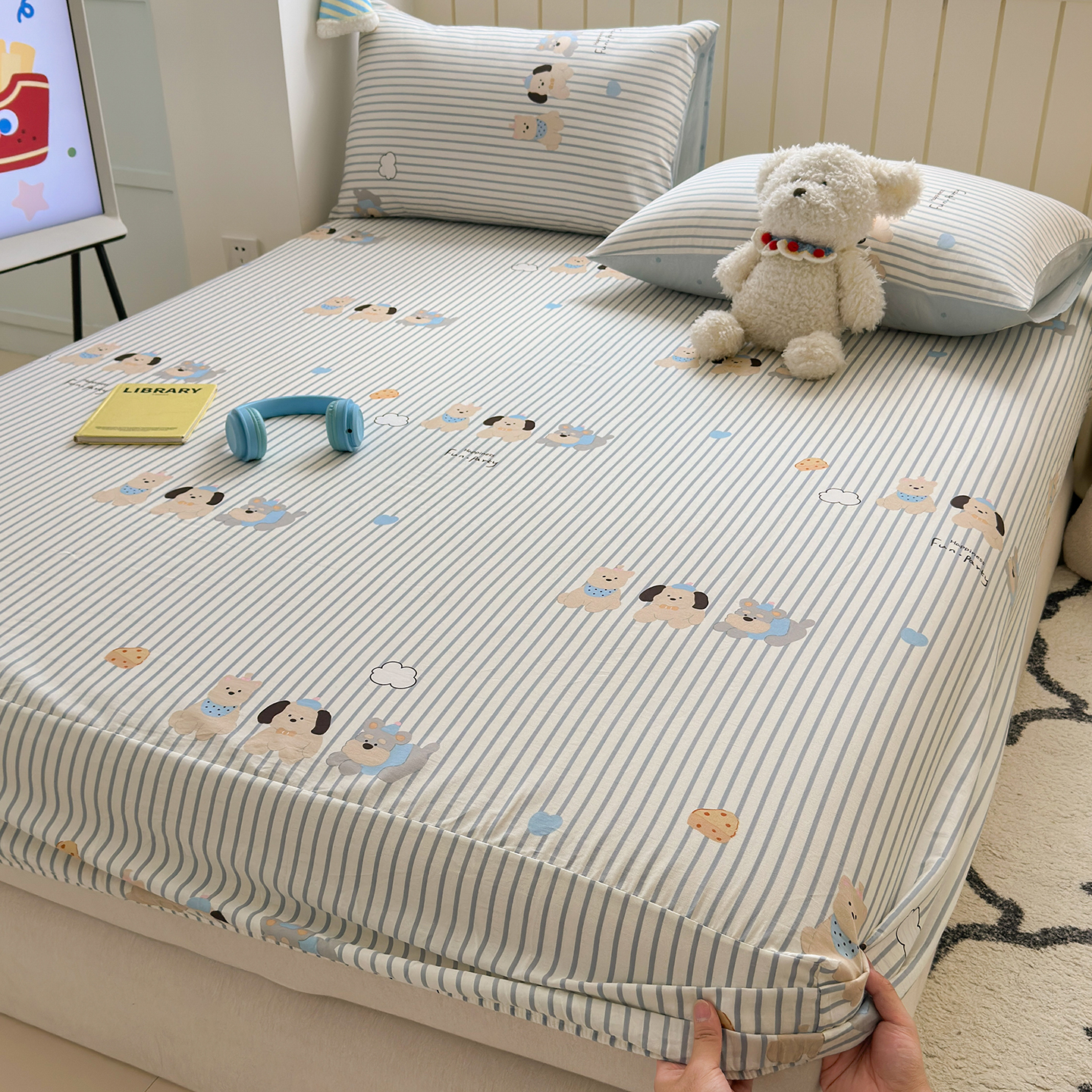 Cartoon Thickeneded Pure Cotton Fitted Bed Sheets Single Piece Cotton Kidsren's Single Bed Cover Simmons Mattress Cover Protective Cover Three-Piece Set