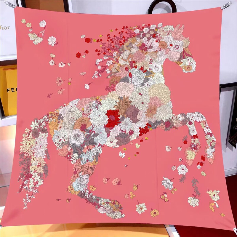 European and American Spring and Autumn New Silk Scarf 90cm Twill Silk Large Square Scarf Flower Running Horse Printing Women's Hood Shawl Scarf