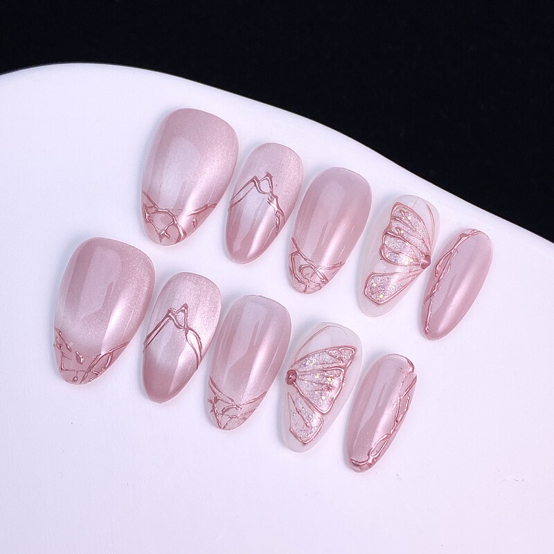 Flash Diamond Butterfly Autumn and Winter Short Almond Nails Tiktok Style Nail Art Press-On Nails High-End Handmade Wearable Nails