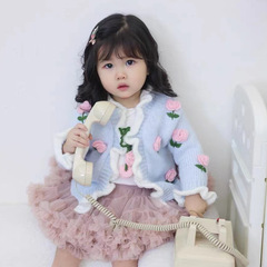 2024 New Autumn/Winter Girls' Baby Hand-Embroidered Cute Flower Knit Cardigan Sweater Nordic INS Style