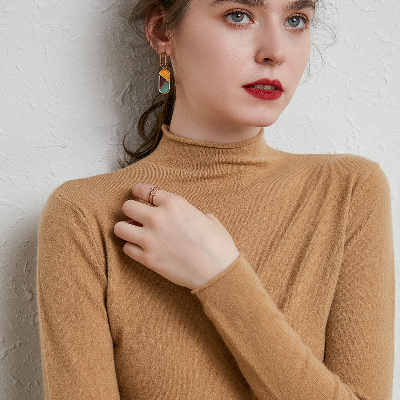 2024秋季新款半高领羊绒衫女短款毛衣修身卷边针织打底羊毛衫中领