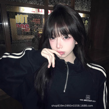 高街立领条纹卫衣女早春秋三条杠半拉链休闲运动外套学生黑色上衣