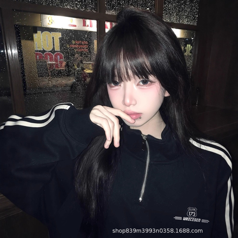 High Street Stand Collar Stripesd Sweatshirt for Women Early Spring & Fall Three Stripes Half Zipper Casual Sports Jacket Student Black Top