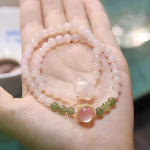 Natural Hetian Jade and Lotus Root Powder Double Ring Bracelet with Silver Plated Gold Border and Agate Running Rings - Chinese Women's Style Bracelet for Xiaohongshu