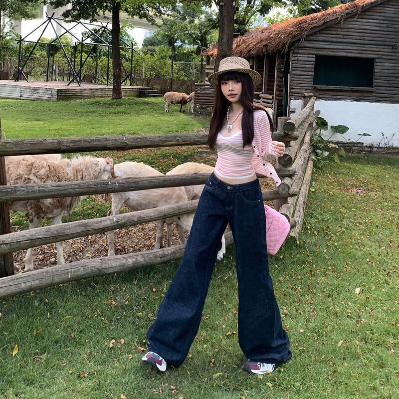 【今茵】美式复古低腰辣妹宽松微喇裤百搭显瘦不贴腿牛仔裤女新款|undefined