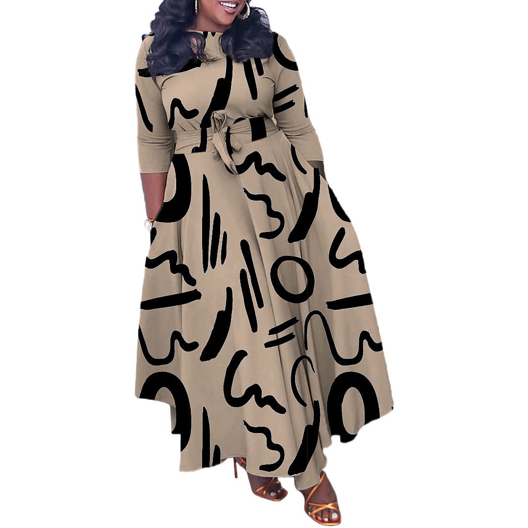 N7964 ropa de mujer transfronteriza 2024 otoño e invierno nuevo temperamento de moda con cordones vestido largo de talla grande de África vestido de comercio exterior image 1