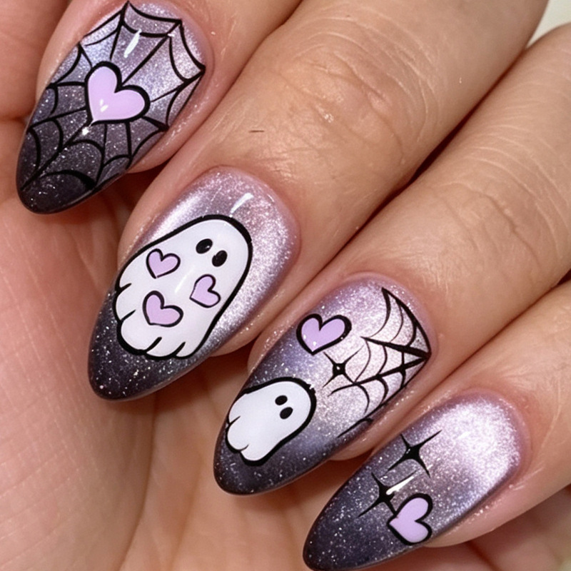 30-piece Halloween-themed fake nails in European and American style, purple and black gradient, cute ghost, spider web, heart-shaped wearable nails 30-piece Halloween-themed fake nails in European and American style, purple and black gradient, cute ghost, spider web, heart-shaped wearable nails