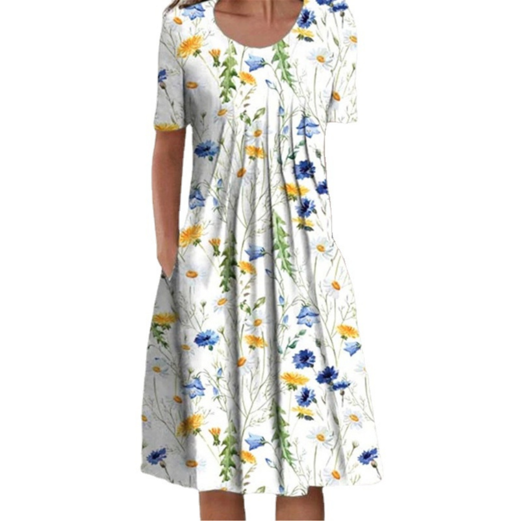 Fashion Ditsy Floral Round Neck Short Sleeve Printing Polyester Midi Dress Pleated Skirt display picture 5