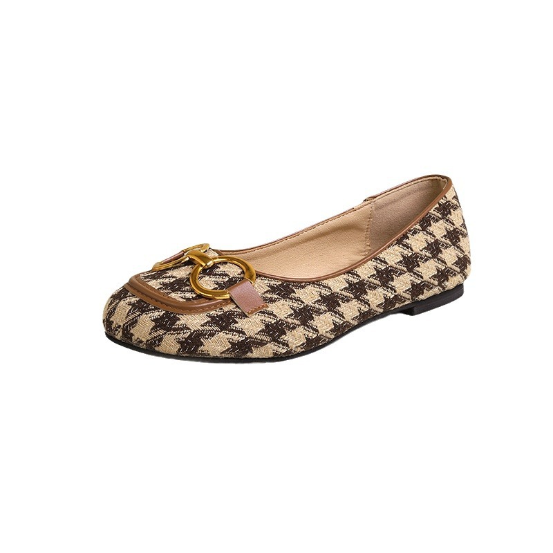 Retro-Mokassins für Damen mit Karomuster, eckiger Zehenpartie, Schnürung, Metallschnalle, zum Hineinschlüpfen, weiche Sohle, niedriger Schaft, Herbst_voghion.com