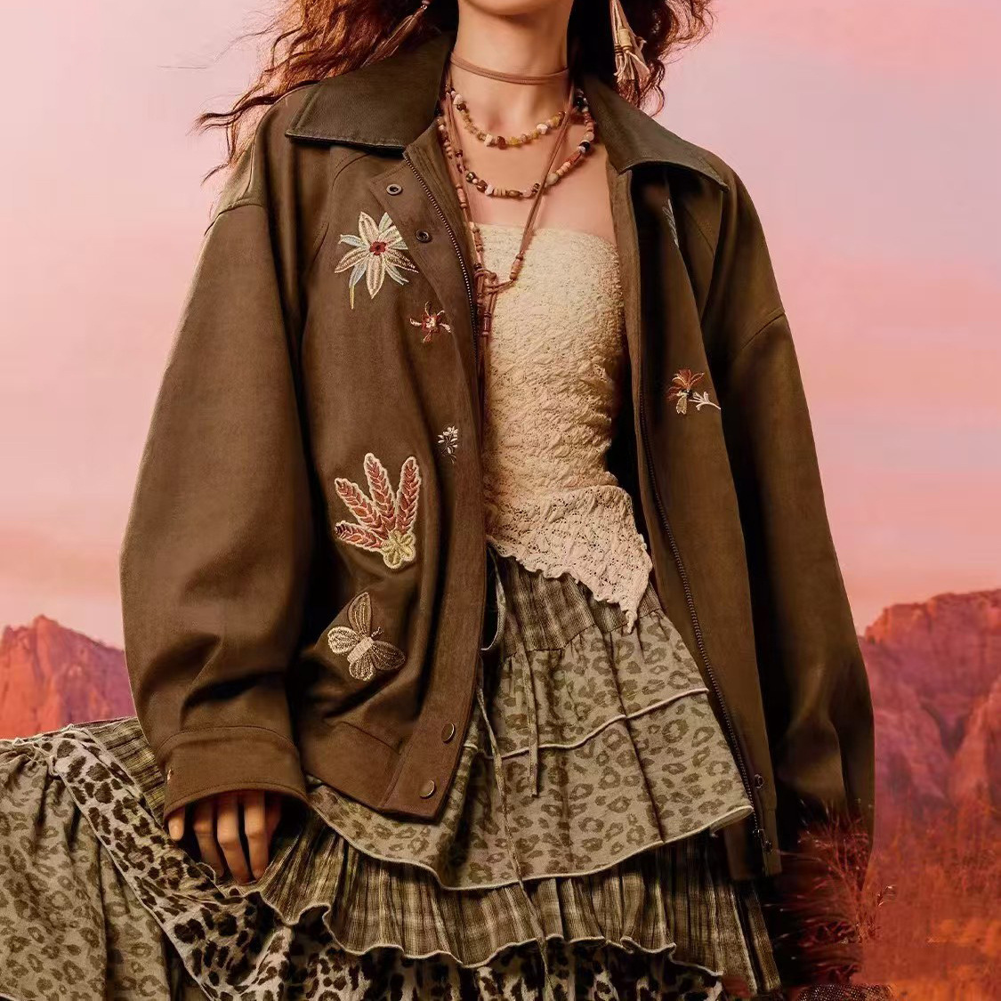 In Stock [Same Style as Chu Xi] Vintage High-End Suede Embroidered Jacket Loose Casual Top for Women 25 Autumn New Style