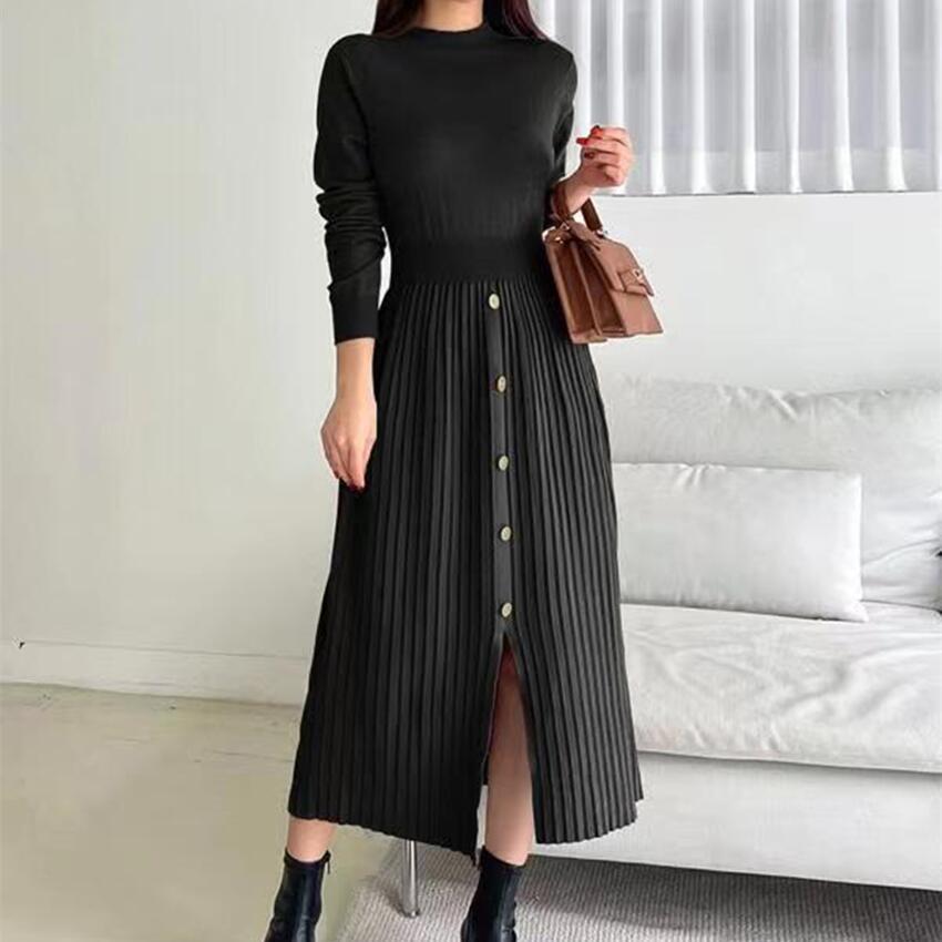 French Style Knitted Midi Dress Elegant Split Design Round Neck Long Sleeve Comfortable Fabric Casual Wear