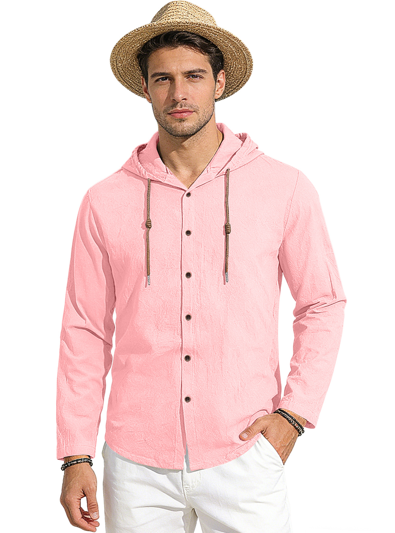 Transfronterizo Amazon nuevo estilo de primavera y verano hombre encapuchado camiseta suelta de algodón puro transpirable camisa casual de manga larga