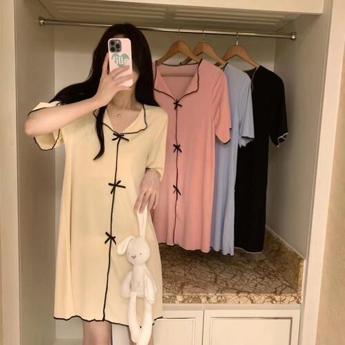 Ladies' Summer Ice Silk Sleep Gown, Loose QQ Dress with Butterfly Bow, Home Short Sleeve Gown, Thin Pajama Dress for Women