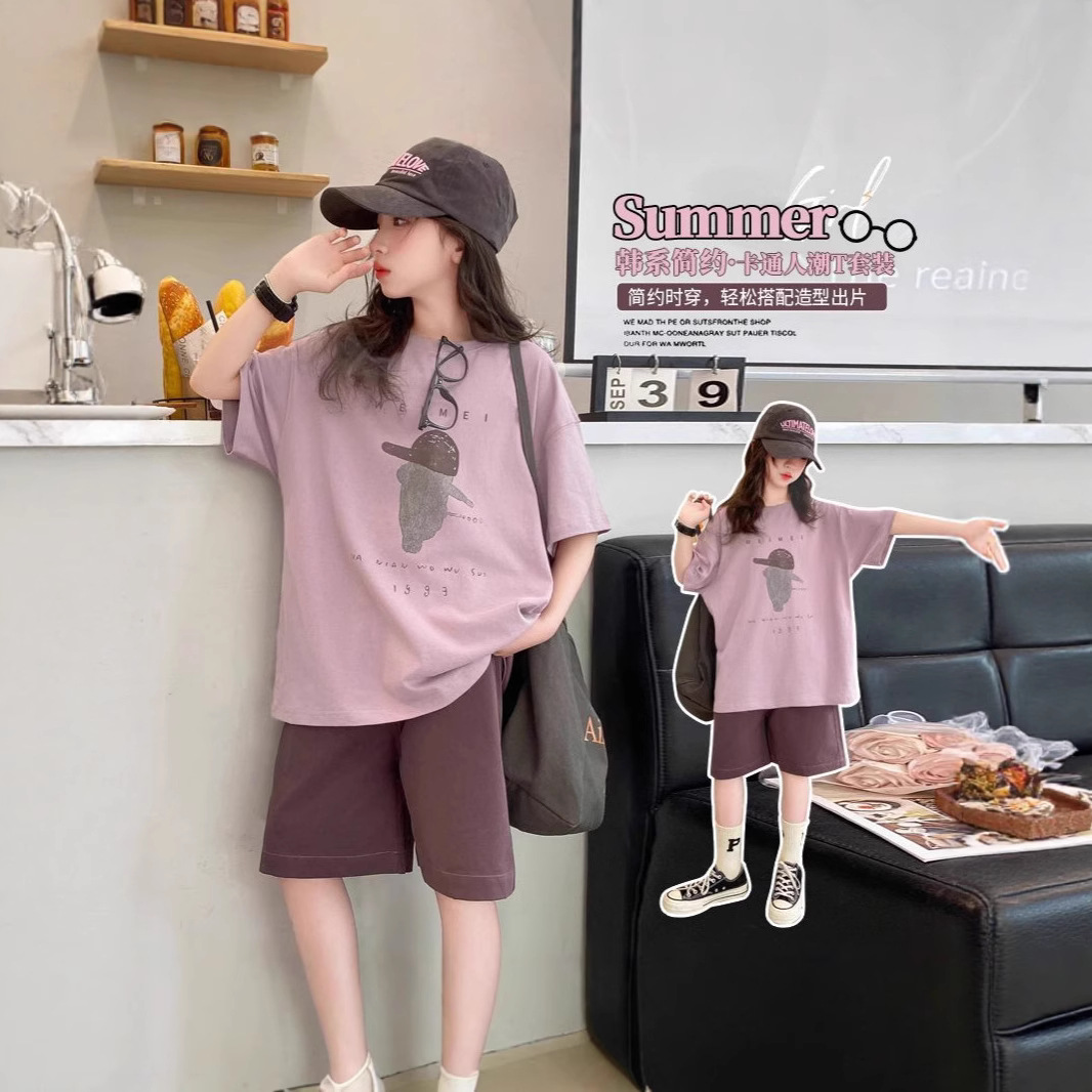 Top Pure Cotton + Pants Cool Silk Cotton Two-Piece Set for Girls Summer Korean Style Suit Short-Sleeved Shorts T-Shirt Two-Piece Set