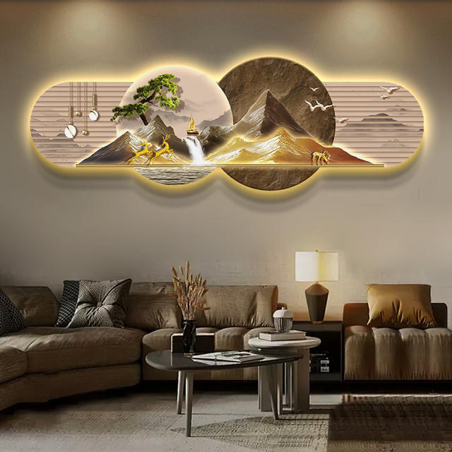 迎客松轻奢雕刻画客厅装饰画山水九鱼图壁画沙发背景墙发光灯挂画