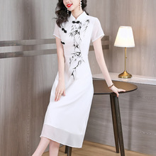 新中式连衣裙女2023夏季新款优雅复古手绘墨竹妈妈装改良旗袍裙子