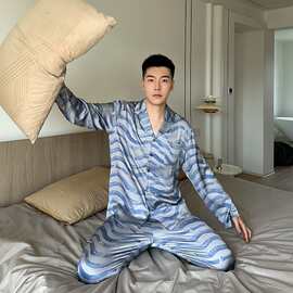 2025新男款睡衣印花长袖长裤套装冰丝家居服套装批发代发春秋夏季