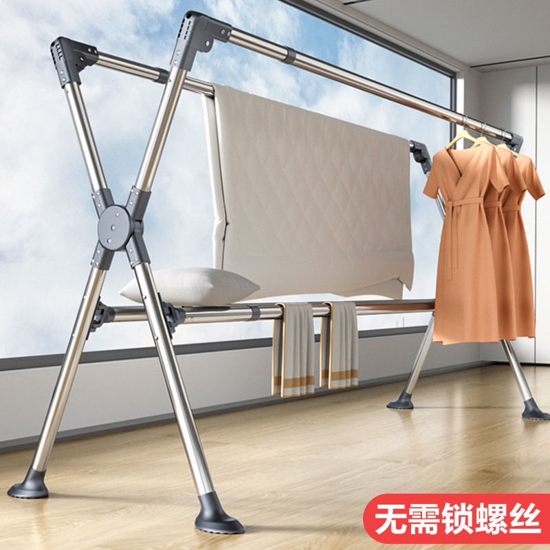 Thickened Stainless Steel Balcony Household Drying Rack Floor Standing Foldable Mobile Drying Rack Drying Duplex Artifact Clothes Bar