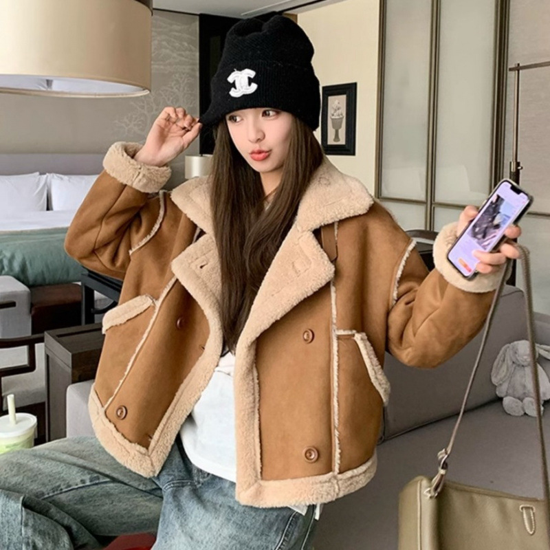 秋冬の女性用毛皮一体型ショートコート、ハイネック模造鹿革ベルベット、レイジースタイル、ゆったり痩身バイクウェア、Shenglong|undefined