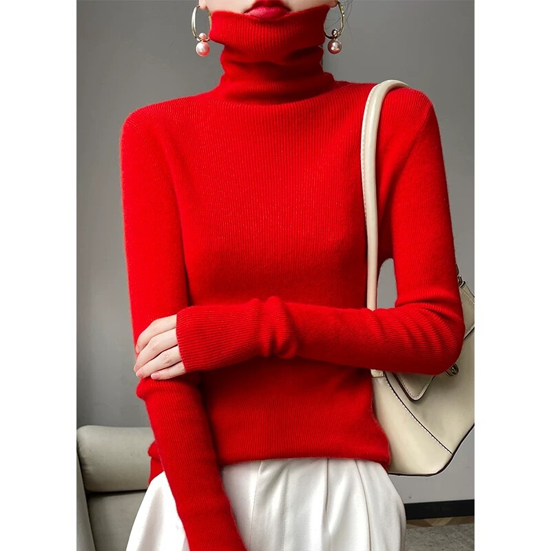 Wool Coat with a Fitted Base Layer Underneath, Red Knitted Sweater with a High Collar, Warm Turtleneck Sweater for Women with Long Sleeves
