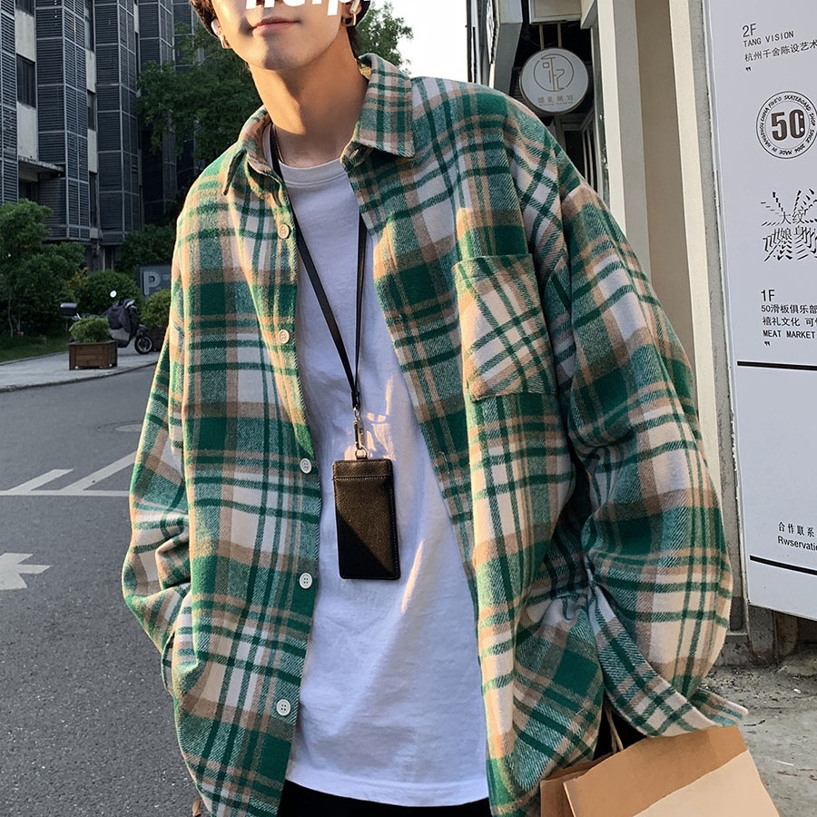 Camisa a cuadros de lana de alta gama de ropa de trabajo de la marca de moda Camisa de calle secundaria de manga larga suelta de estilo vintage para hombre