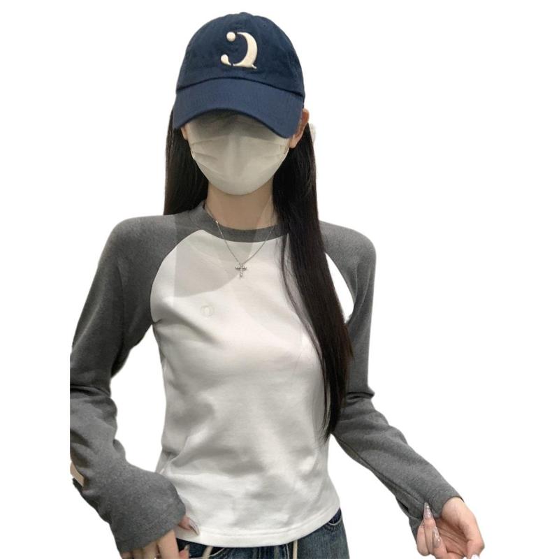 减龄短款打底衫女别致插肩拼色圆领长袖2025秋新款内搭甜酷风上衣|undefined
