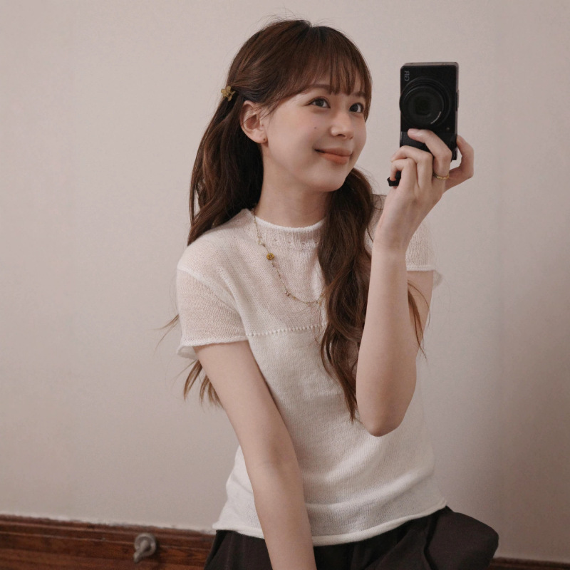 Half-Turtleneck Short-Sleeved Sweater for Women 2026 Summer New Design Mohair Slightly Translucent Soft Knitted Top