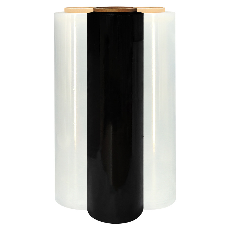 Película de estiramiento personalizada fábrica al por mayor plástico transparente industrial película de envoltura de plástico recubierto película de embalaje negro PE película de bobinado