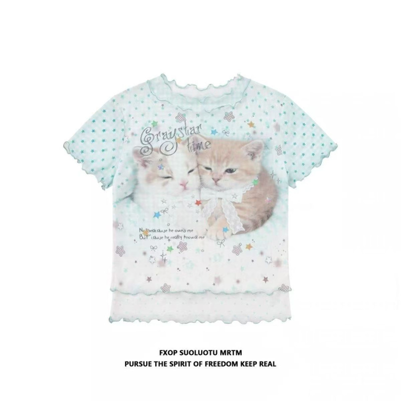 Cute Cat Star Fake Two-Piece Cover-Up Short-Sleeve T-Shirt for Women 2026 Slim-Fit Korean Style Ins Sun-Protective Short Top