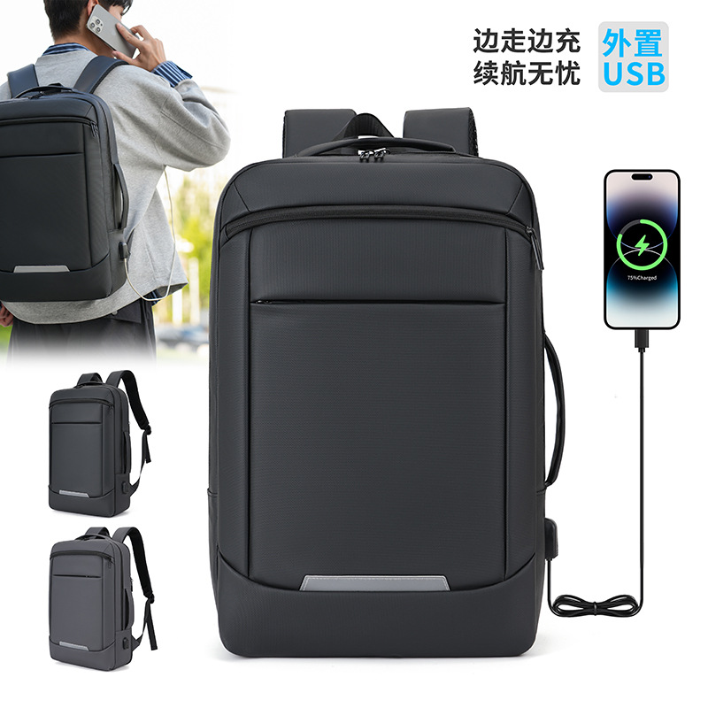 Mochila de expansión de película de cuero a prueba de salpicaduras, mochila de viaje de negocios para hombres, bolsa multifuncional de carga USB