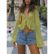 Y 17523 Ruffle deep V long sleeve sheer top ľ������ V ����