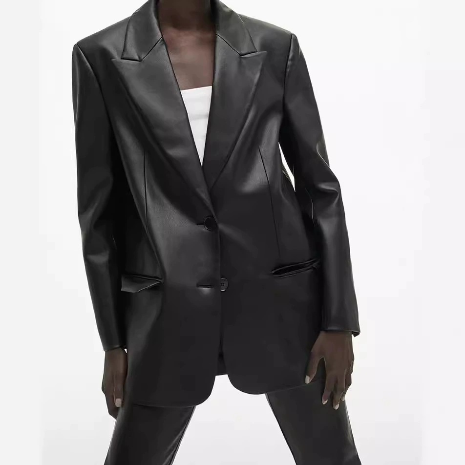 2023 новый AliExpress Amazon Женская одежда сплошной цвет костюм воротник поддельные карманы мода повседневная женская кожаная одежда