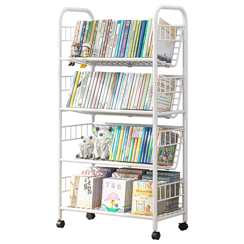 Estante de libros para niños Estante de almacenamiento de hierro forjado contra la pared Estante de almacenamiento de piso Estante de ruedas plegable móvil junto al escritorio