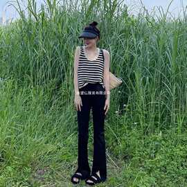 条纹针织吊带小背心女夏季外穿宽松法式内搭镂空打底无袖t恤上衣