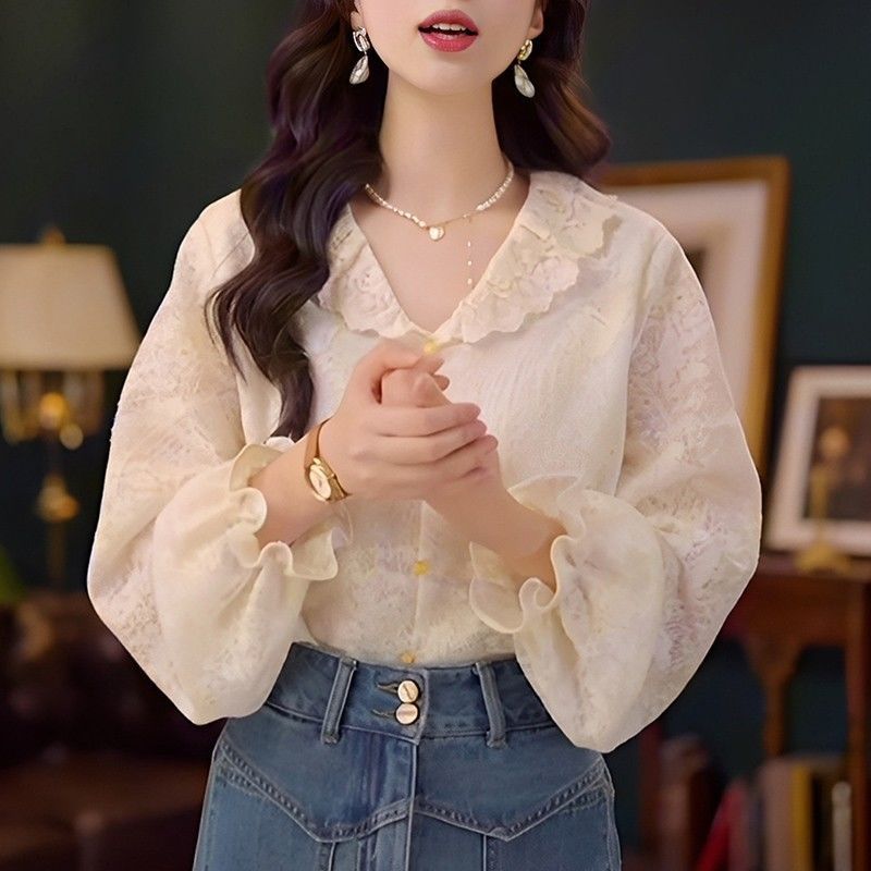 宽松上衣女新款秋季蕾丝欧若风长袖衬衫女时尚休闲|undefined
