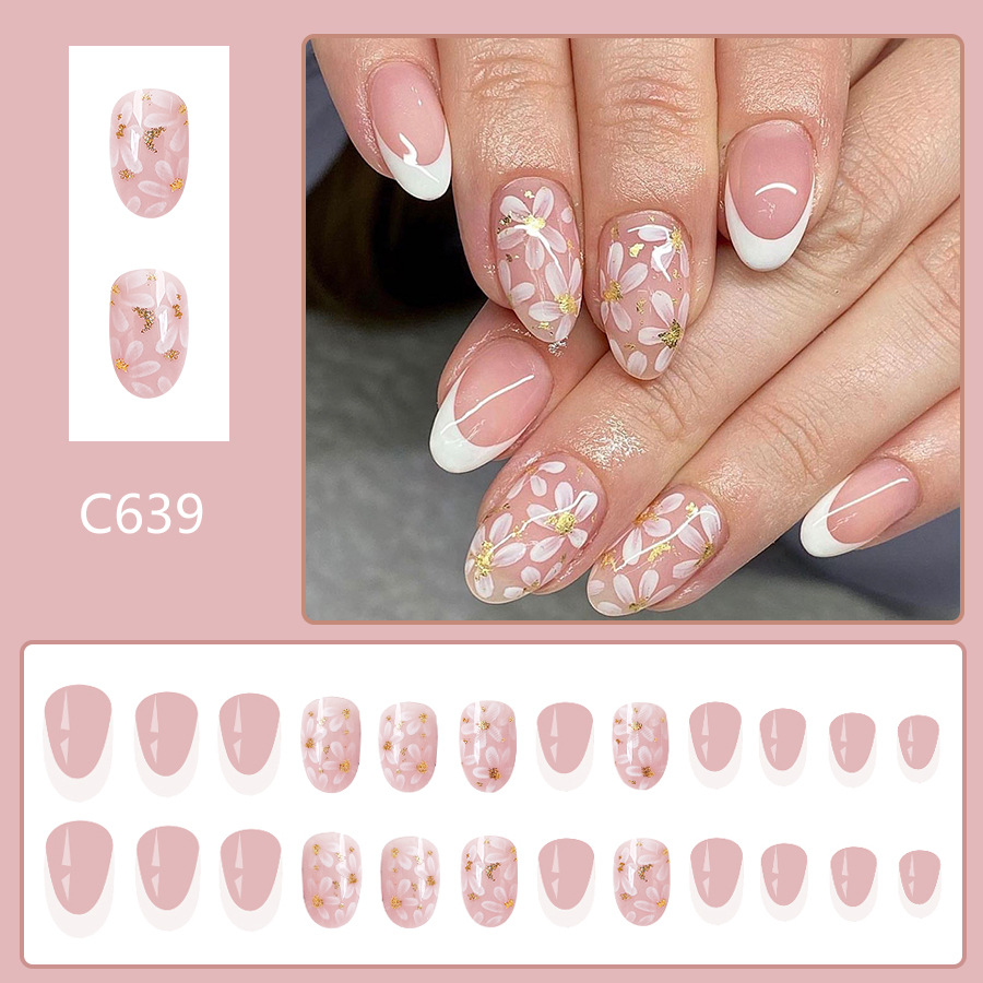 Corta armatura quadrata luminosa Europa e Stati Uniti commercio estero transfrontaliero moda fresca glitter francese fiori bianchi manicure rimovibile 24 pi_voghion.com