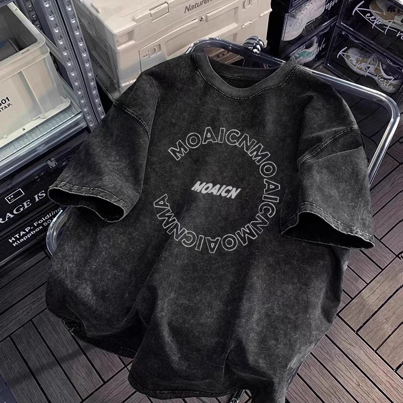 Camiseta de manga corta de algodón puro desgastado lavado retro americano para hombre, camiseta de media manga de marca holgada informal de verano para hombre