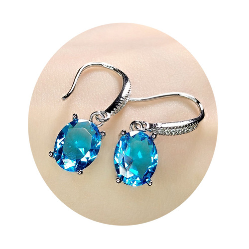 Cross-border supply wholesale imitation aquamarine ear hooks temperament egg-shaped sapphire earrings inlaid with zircon aquamarine ear hooks